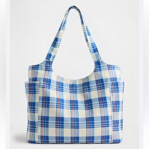 Linen-Cotton Blue and White Madras Plaid Tote Bag